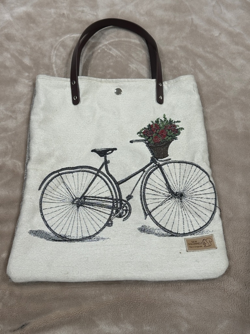 Cream Canvas Tote with Floral Bicycle Motif and Brown Handles